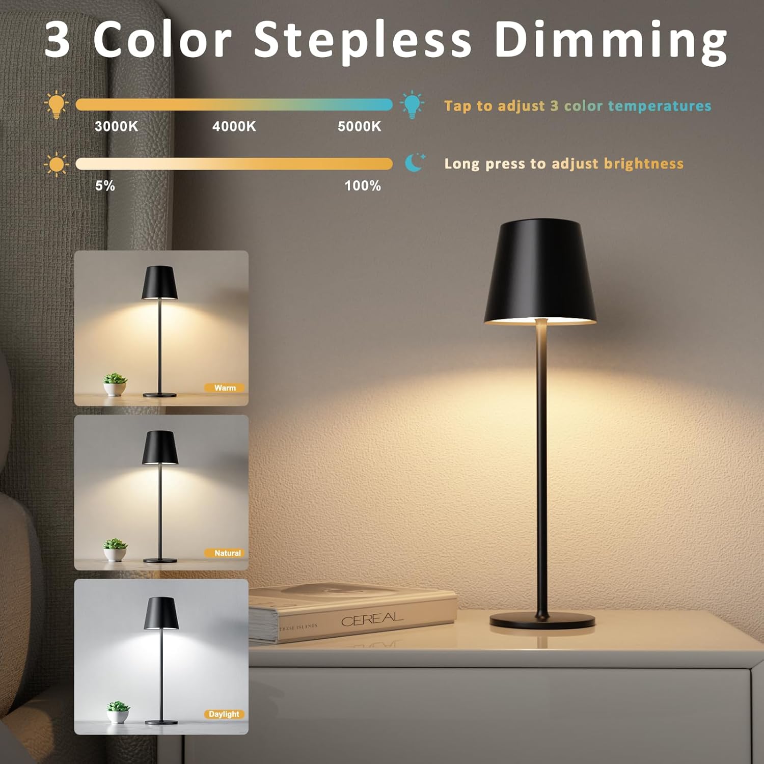Kakanuo Cordless Table Lamp, Stepless Dimming, Rechargeable Battery, LED Lamps for Indoor/Outdoor - Black