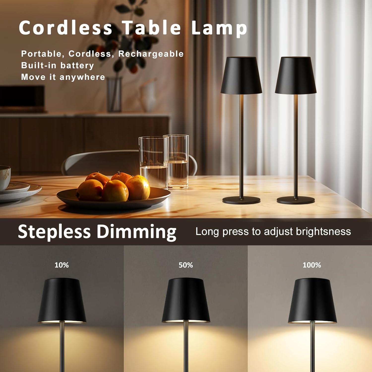 Kakanuo Cordless Table Lamp, Stepless Dimming, Rechargeable Battery, LED Lamps for Indoor/Outdoor - Black