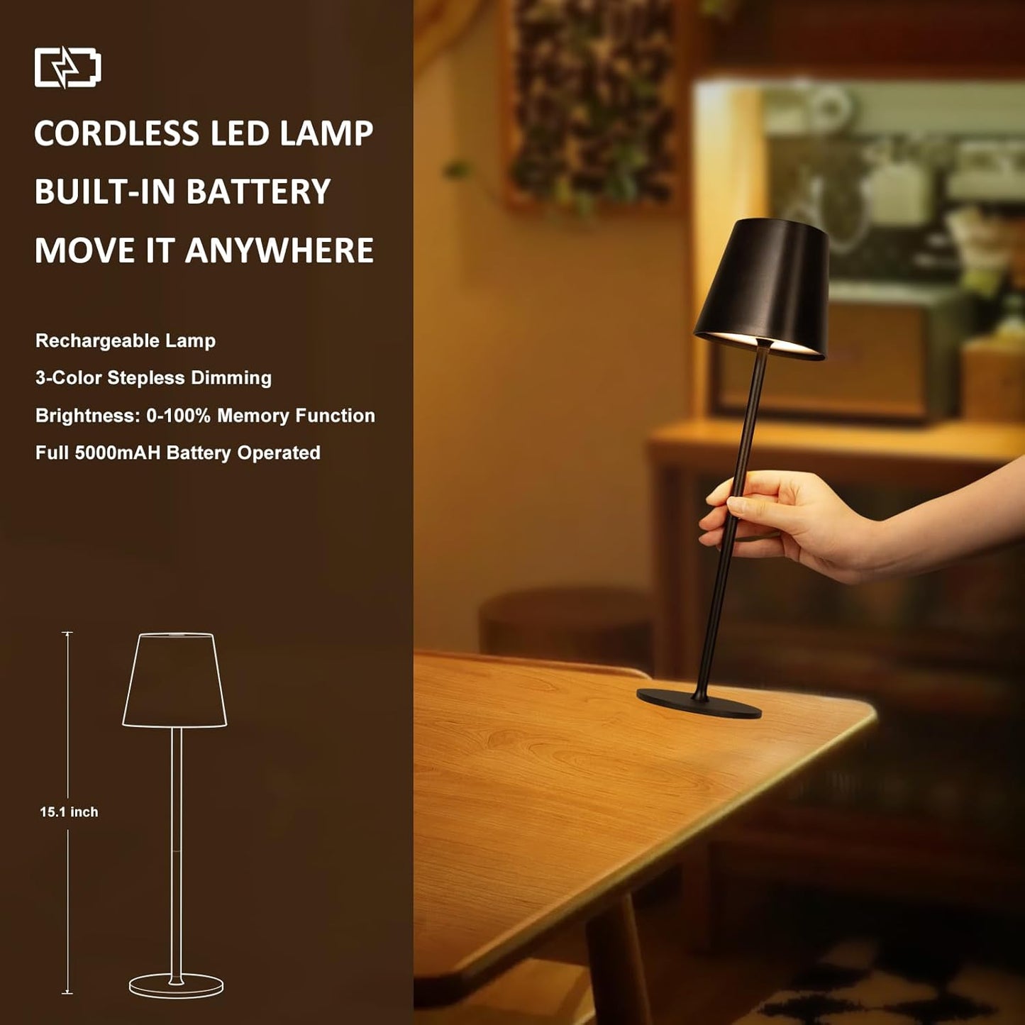 Kakanuo Cordless Table Lamp, Stepless Dimming, Rechargeable Battery, LED Lamps for Indoor/Outdoor - Black