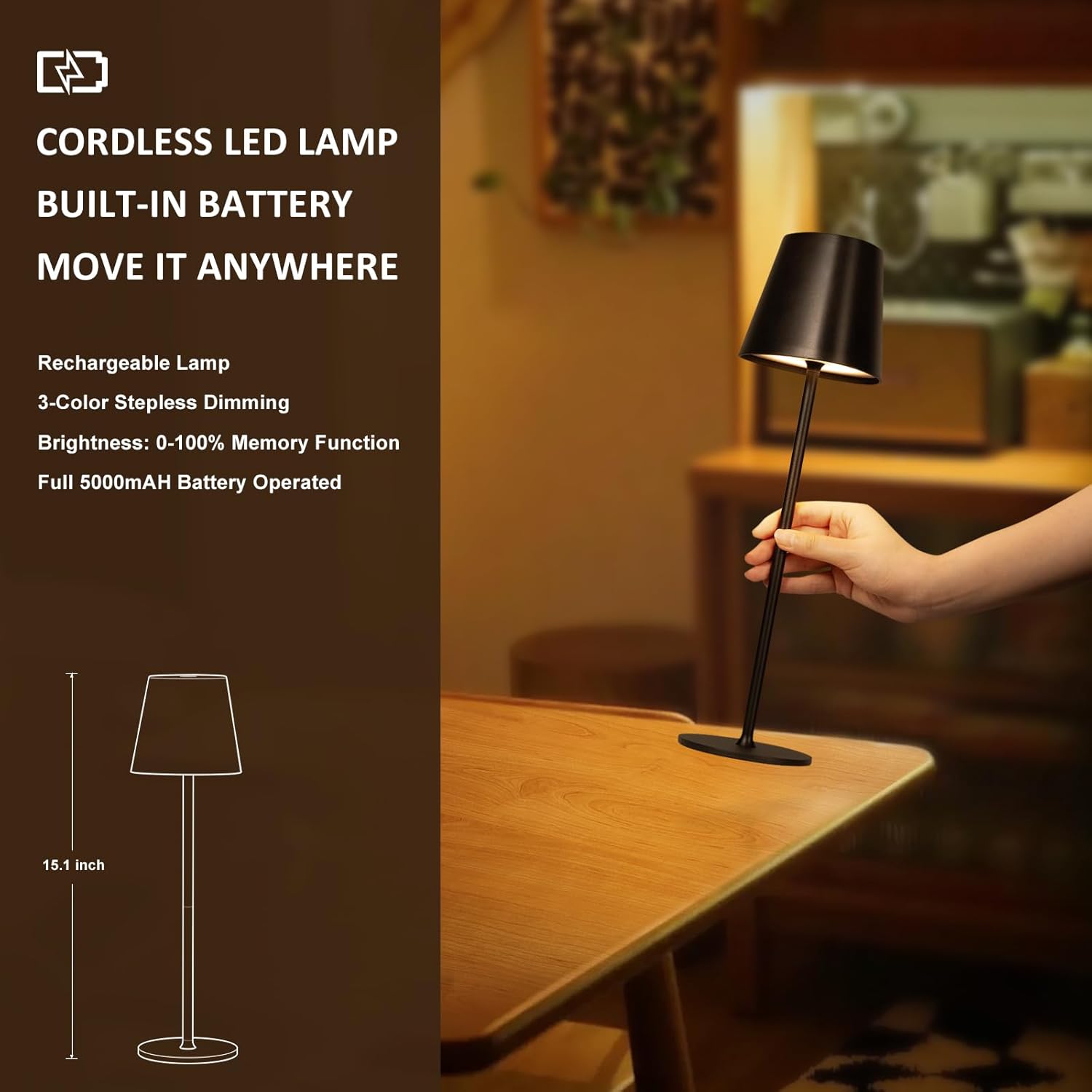 Kakanuo Cordless Table Lamp, Stepless Dimming, Rechargeable Battery, LED Lamps for Indoor/Outdoor - Black