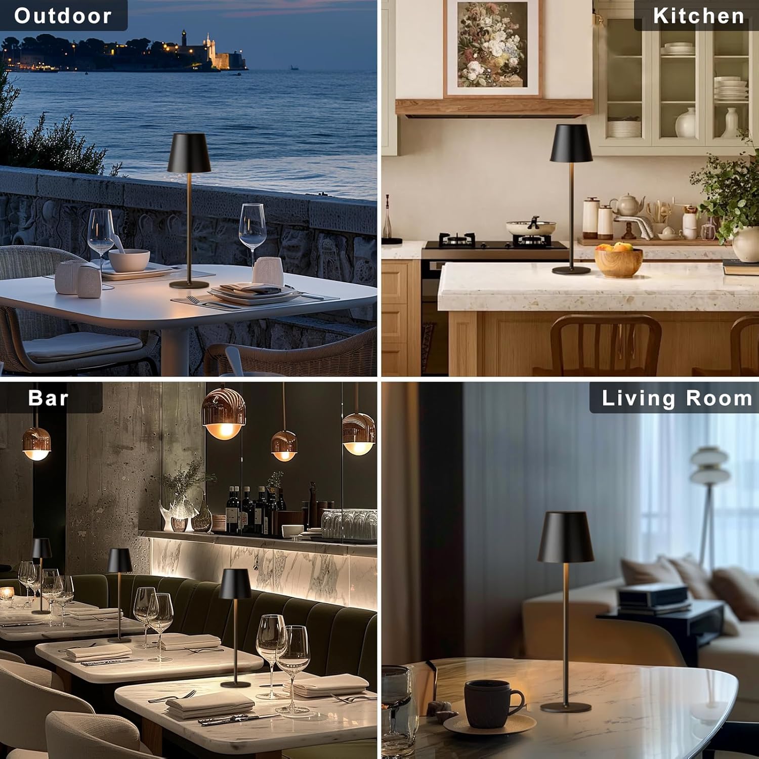 Kakanuo Cordless Table Lamp, Stepless Dimming, Rechargeable Battery, LED Lamps for Indoor/Outdoor - Black