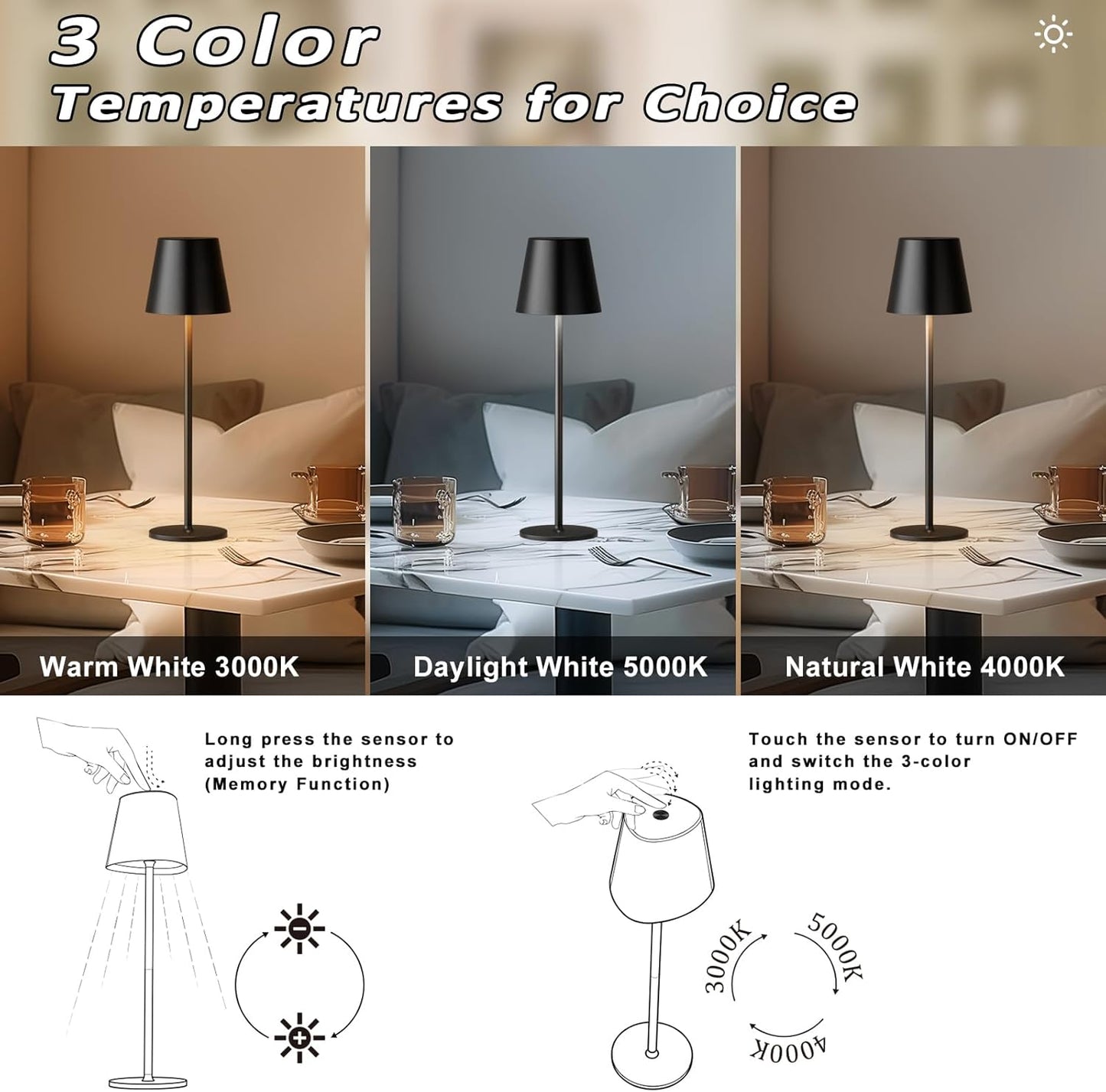 Kakanuo Cordless Table Lamp, Stepless Dimming, Rechargeable Battery, LED Lamps for Indoor/Outdoor - Black