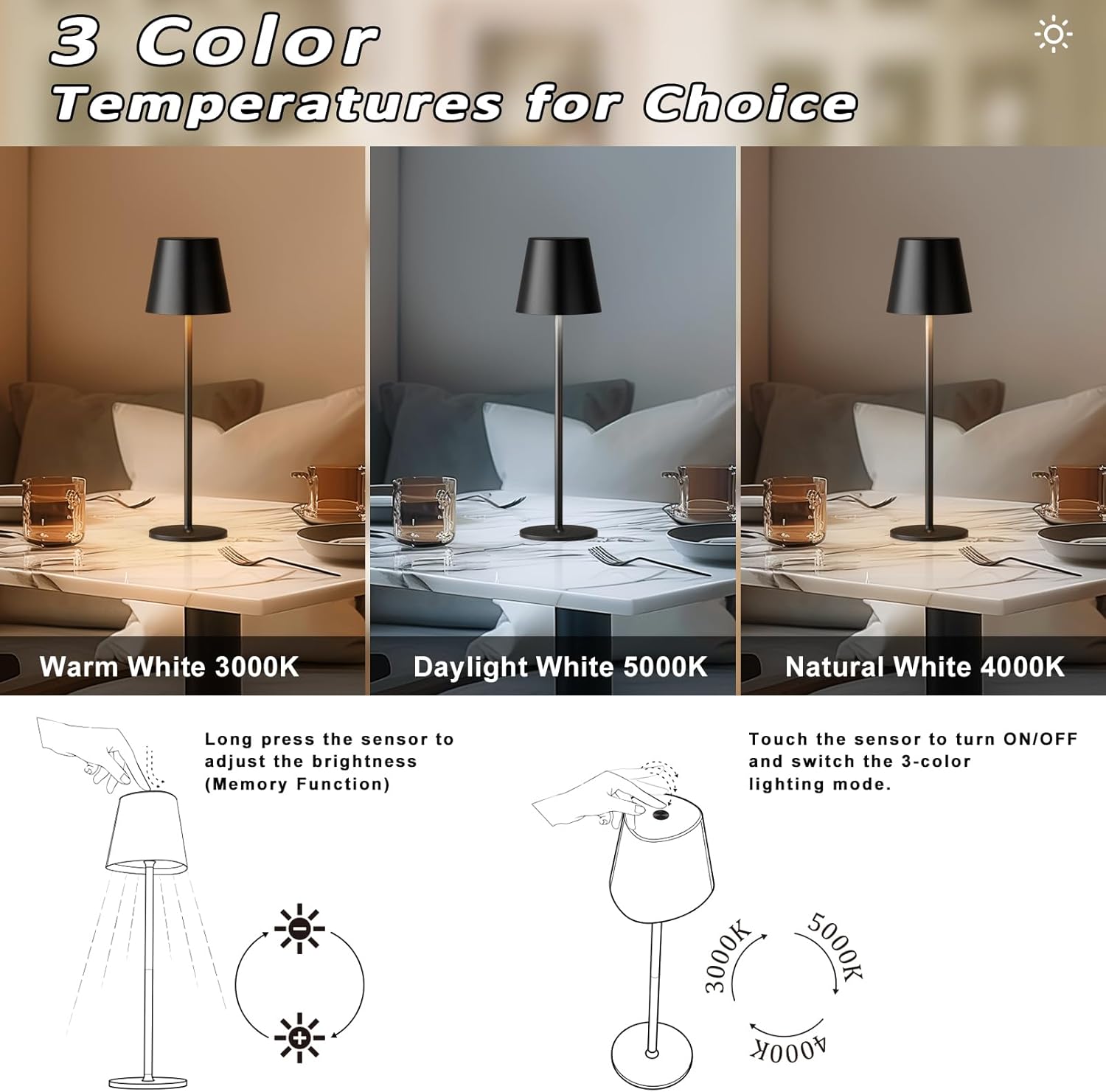 Kakanuo Cordless Table Lamp, Stepless Dimming, Rechargeable Battery, LED Lamps for Indoor/Outdoor - Black