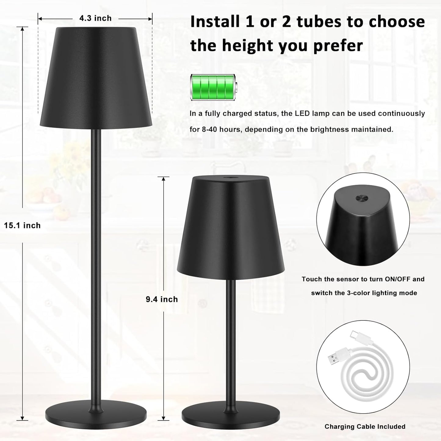 Kakanuo Cordless Table Lamp, Stepless Dimming, Rechargeable Battery, LED Lamps for Indoor/Outdoor - Black