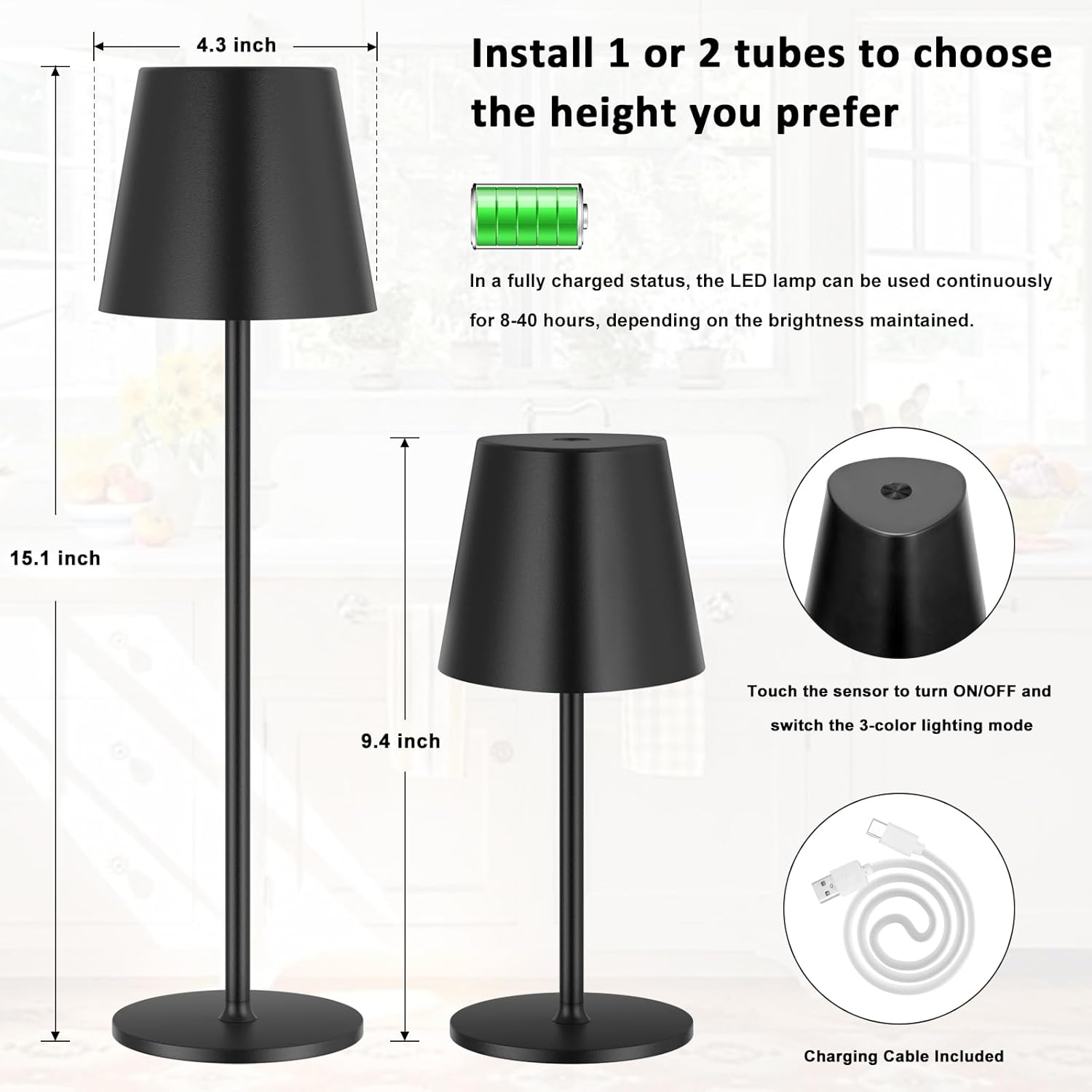 Kakanuo Cordless Table Lamp, Stepless Dimming, Rechargeable Battery, LED Lamps for Indoor/Outdoor - Black