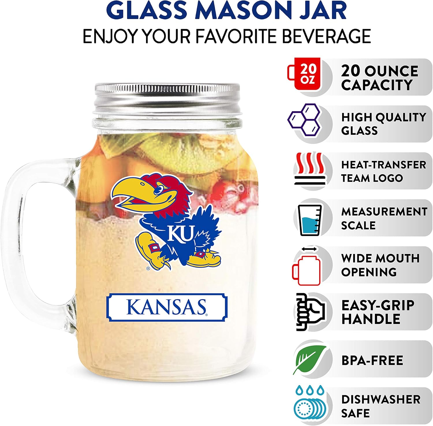 Kansas Jayhawks 20oz Glass Mason Jar - Official NCAA Duck House Merchandise