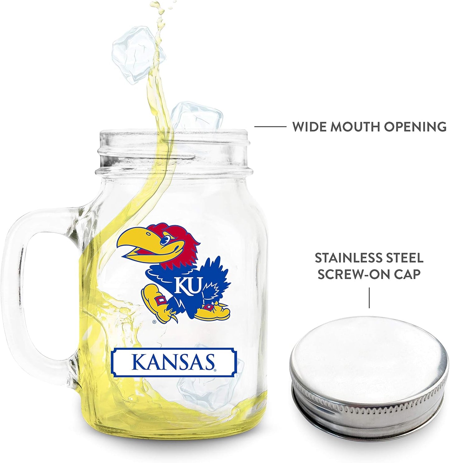 Kansas Jayhawks 20oz Glass Mason Jar - Official NCAA Duck House Merchandise