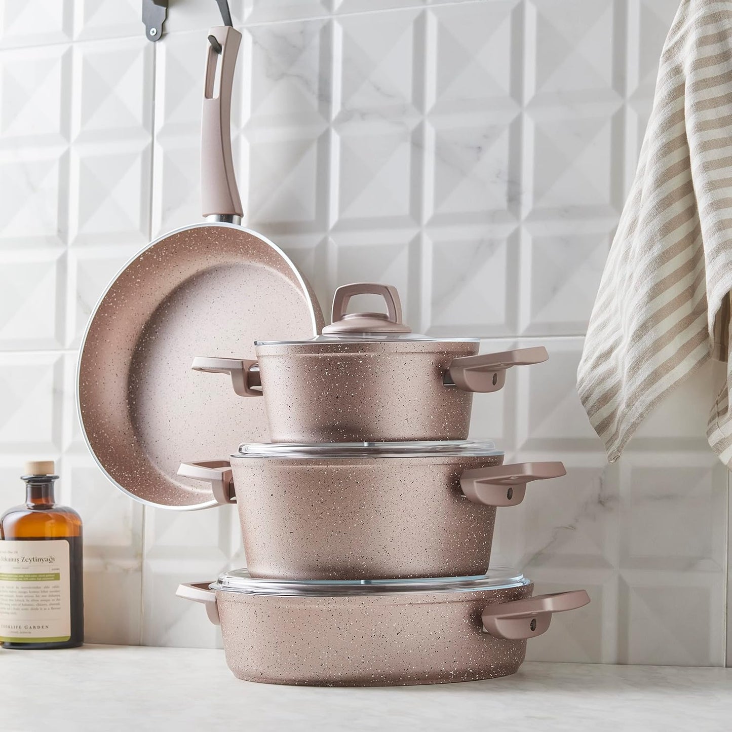 Karaca 7-Piece Non-Stick Granite Induction Cookware Set - PFOA Free, Dishwasher-Safe Pot and Pan Set with Glass Lids - Rose Color