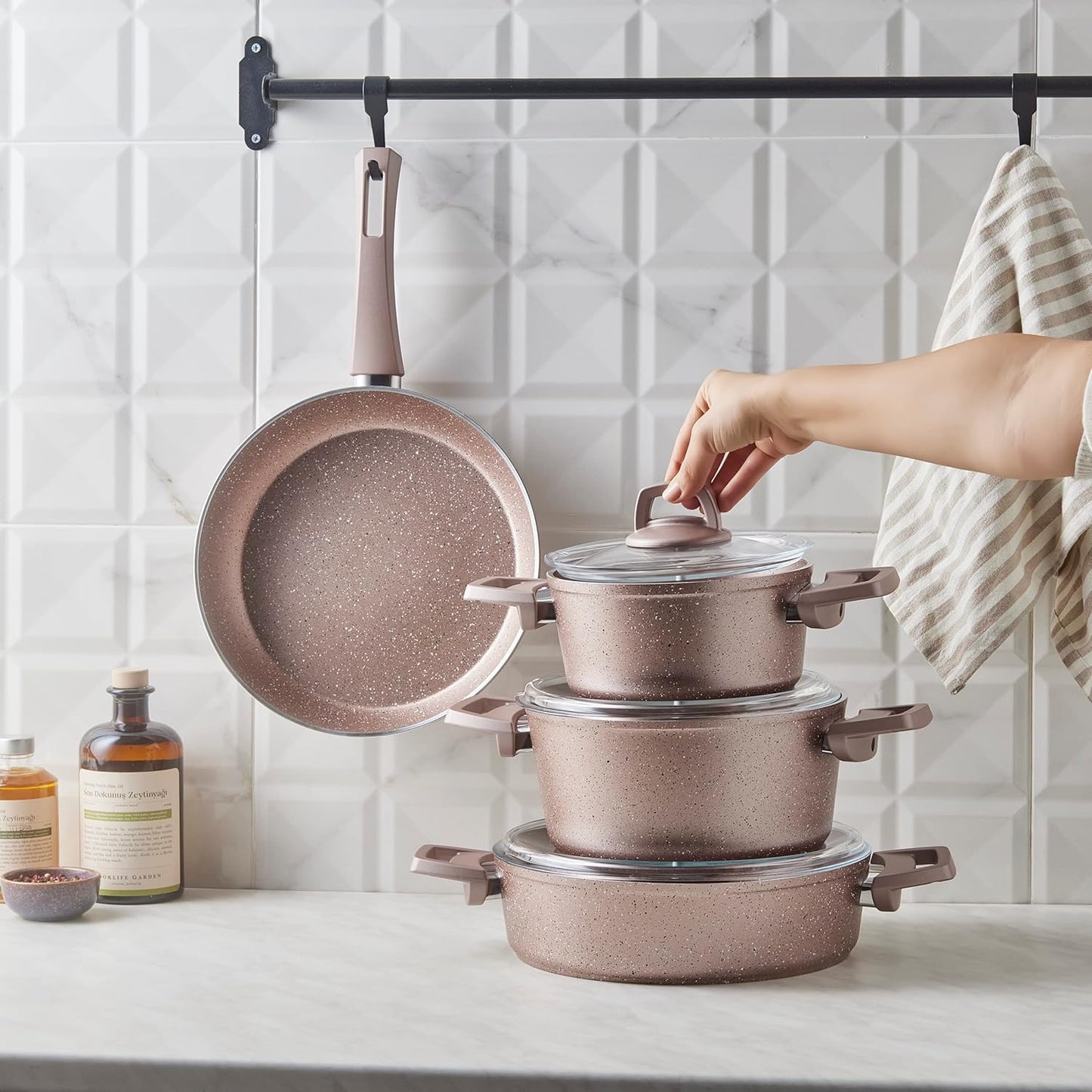 Karaca 7-Piece Non-Stick Granite Induction Cookware Set - PFOA Free, Dishwasher-Safe Pot and Pan Set with Glass Lids - Rose Color