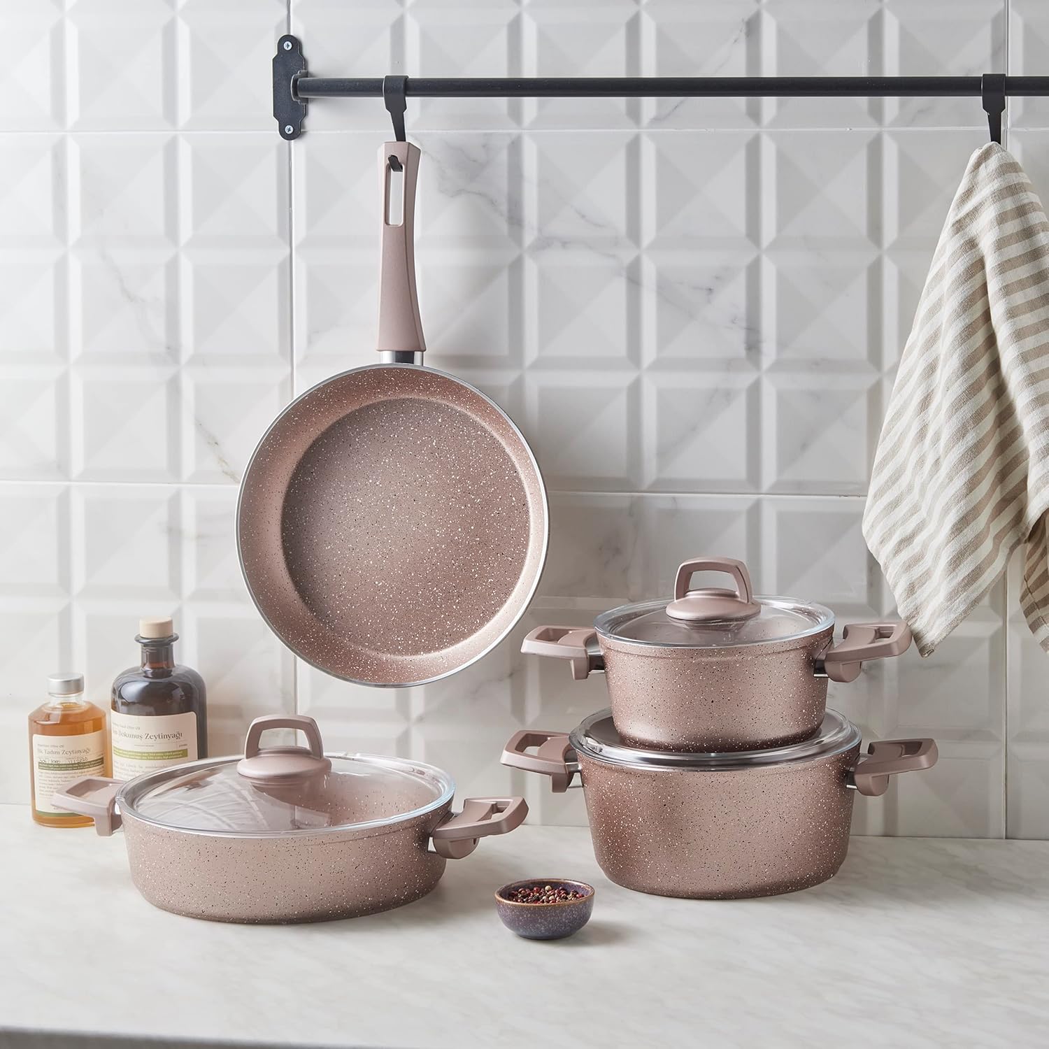 Karaca 7-Piece Non-Stick Granite Induction Cookware Set - PFOA Free, Dishwasher-Safe Pot and Pan Set with Glass Lids - Rose Color