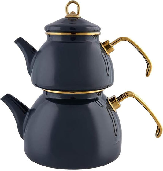 Karaca Anthracite Retro Teapot Set with Titanium Coated Handles - Enamel Tea Kettle for Induction Cooktops