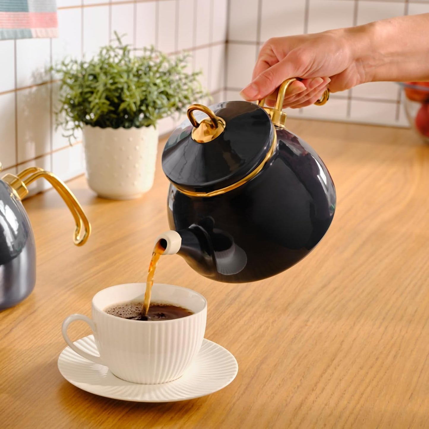 Karaca Anthracite Retro Teapot Set with Titanium Coated Handles - Enamel Tea Kettle for Induction Cooktops