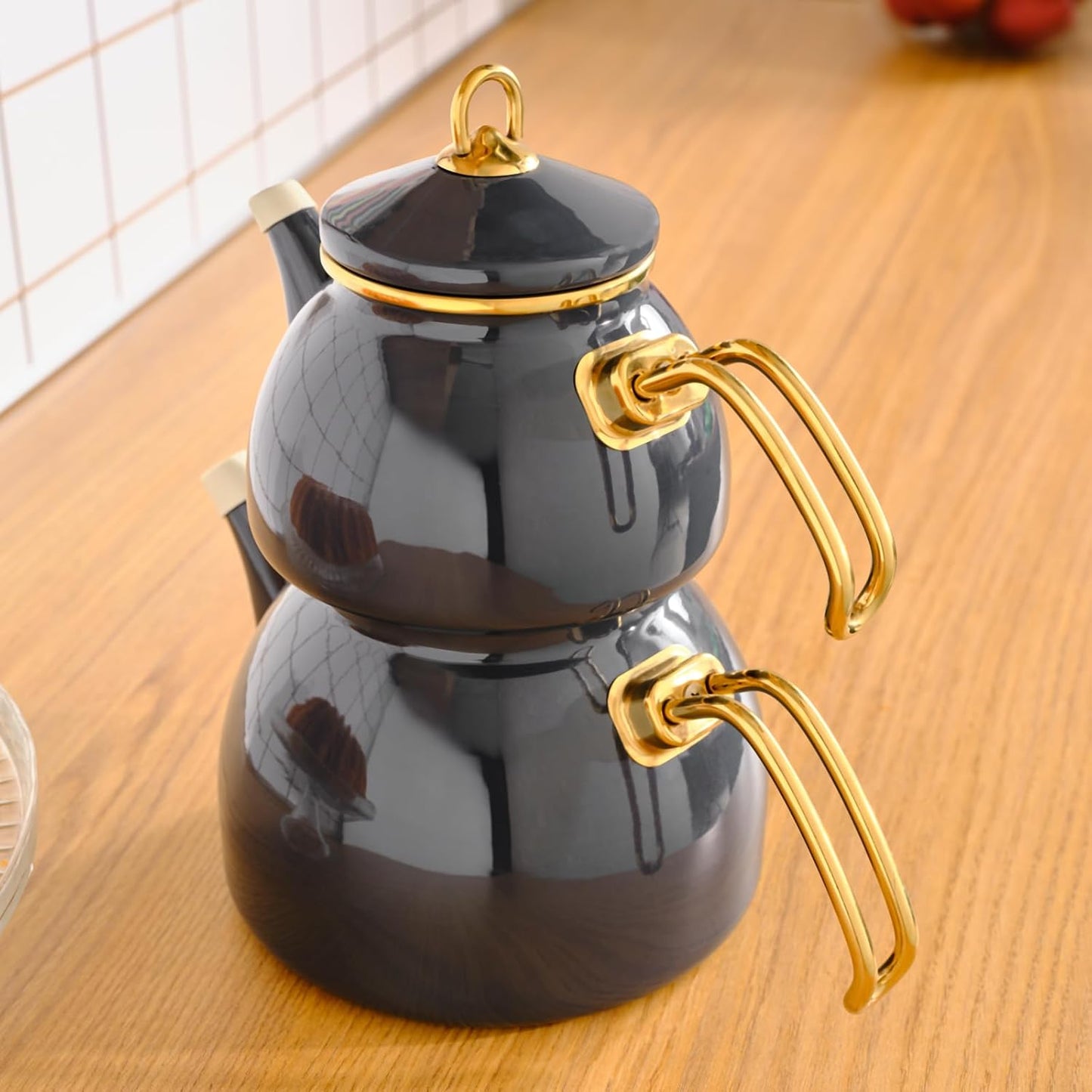 Karaca Anthracite Retro Teapot Set with Titanium Coated Handles - Enamel Tea Kettle for Induction Cooktops