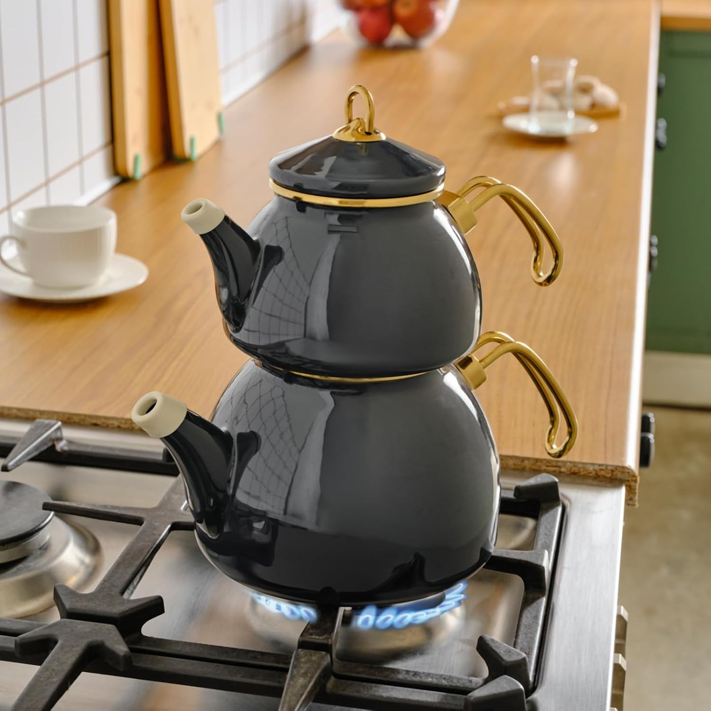 Karaca Anthracite Retro Teapot Set with Titanium Coated Handles - Enamel Tea Kettle for Induction Cooktops