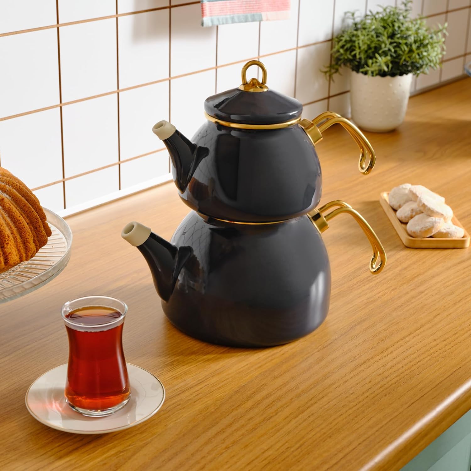 Karaca Anthracite Retro Teapot Set with Titanium Coated Handles - Enamel Tea Kettle for Induction Cooktops