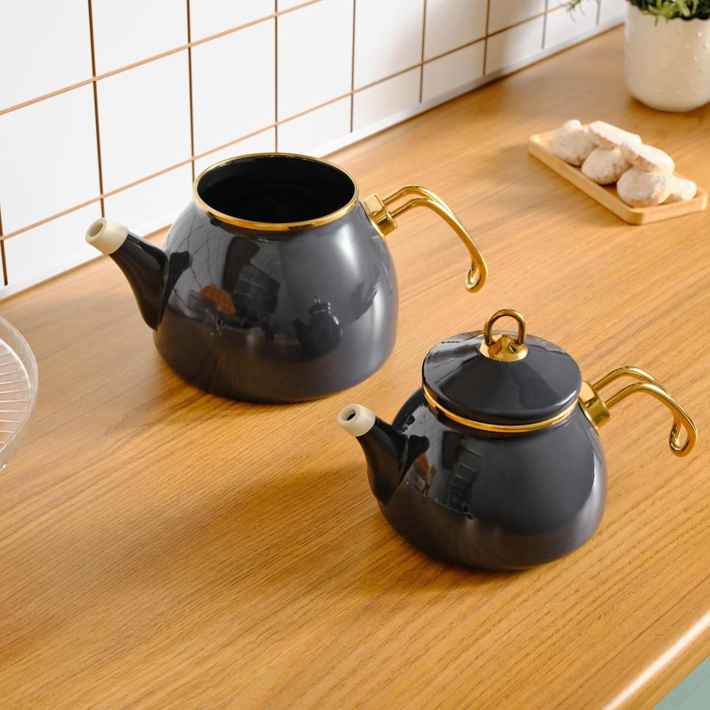 Karaca Anthracite Retro Teapot Set with Titanium Coated Handles - Enamel Tea Kettle for Induction Cooktops