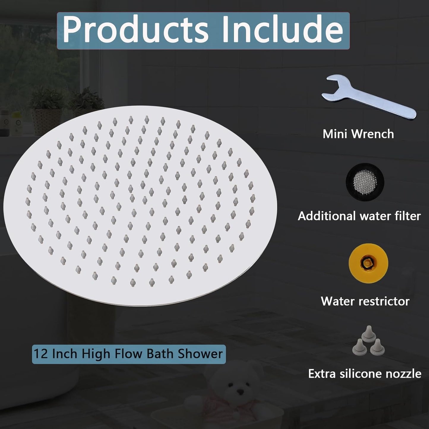 Katezon Stainless Steel Rainfall Showerhead - High Flow 12'' Rain Shower Head for Bathroom, Wall/Ceiling Mount, Chrome