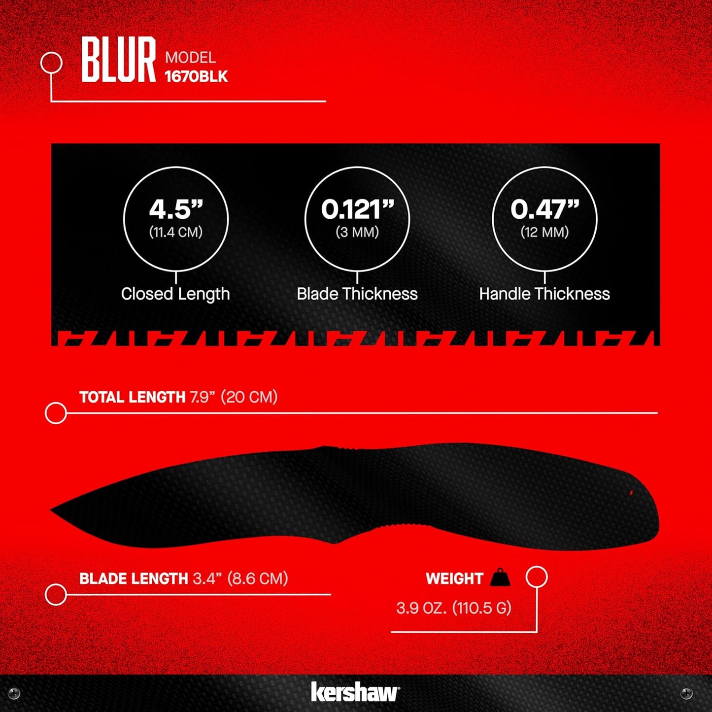 Kershaw Blur Black 1670BLK Pocketknife, 3.4" Drop Point Blade, Cerakote Finish, SpeedSafe Opening & Reversible Clip