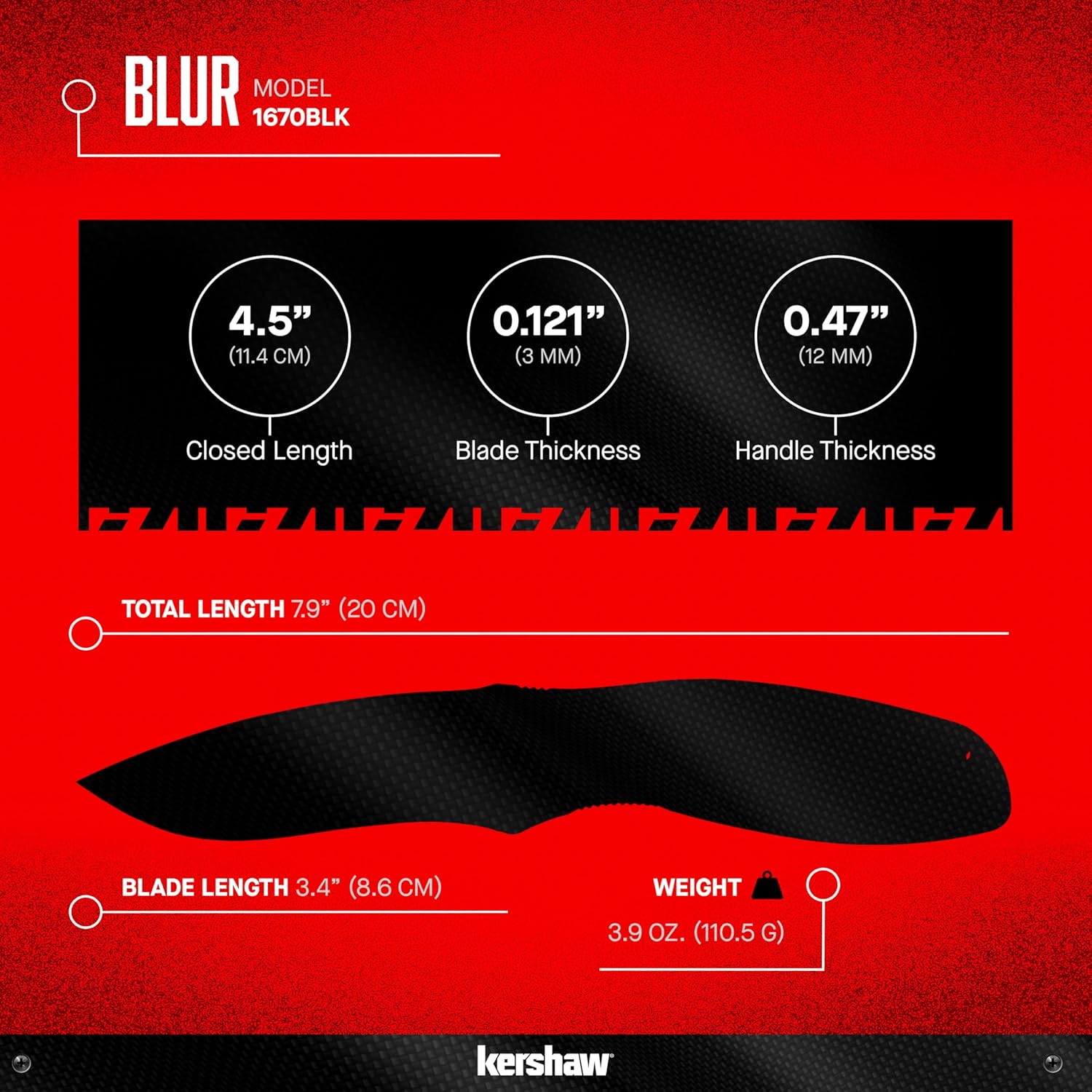 Kershaw Blur Black 1670BLK Pocketknife, 3.4" Drop Point Blade, Cerakote Finish, SpeedSafe Opening & Reversible Clip