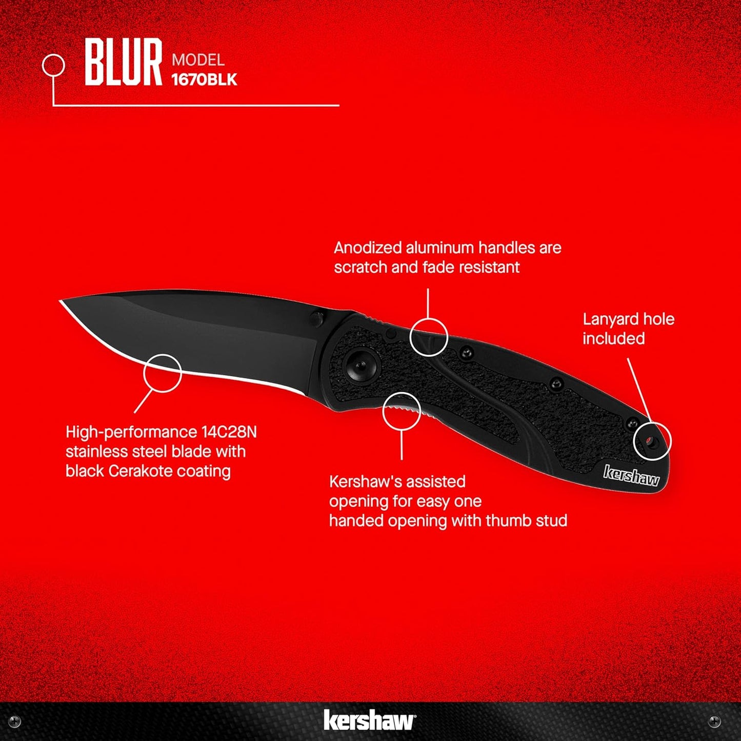 Kershaw Blur Black 1670BLK Pocketknife, 3.4" Drop Point Blade, Cerakote Finish, SpeedSafe Opening & Reversible Clip