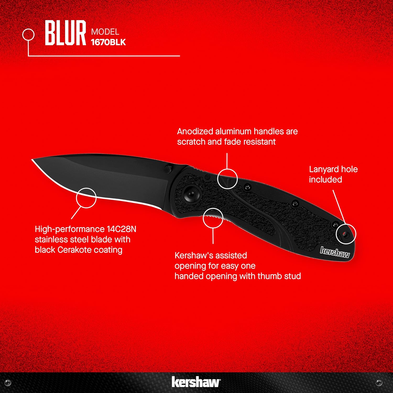 Kershaw Blur Black 1670BLK Pocketknife, 3.4" Drop Point Blade, Cerakote Finish, SpeedSafe Opening & Reversible Clip