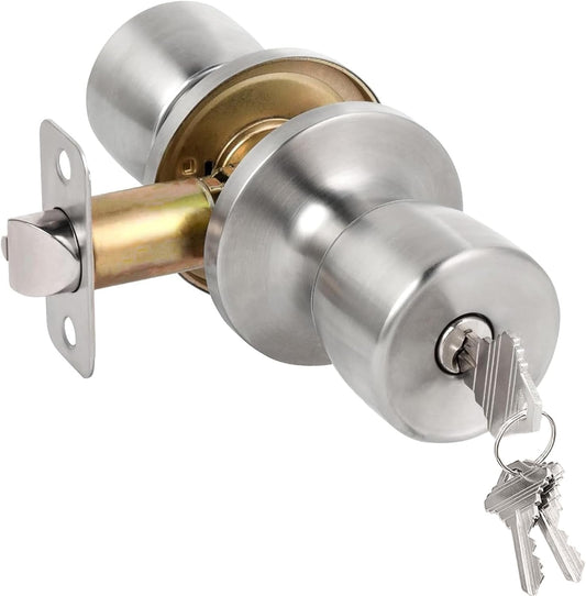 Keyed Entry Door Knob with Lock and Key for Front Door - Satin Nickel, Ideal for Commercial and Residential Use in Bedroom and Bathroom
