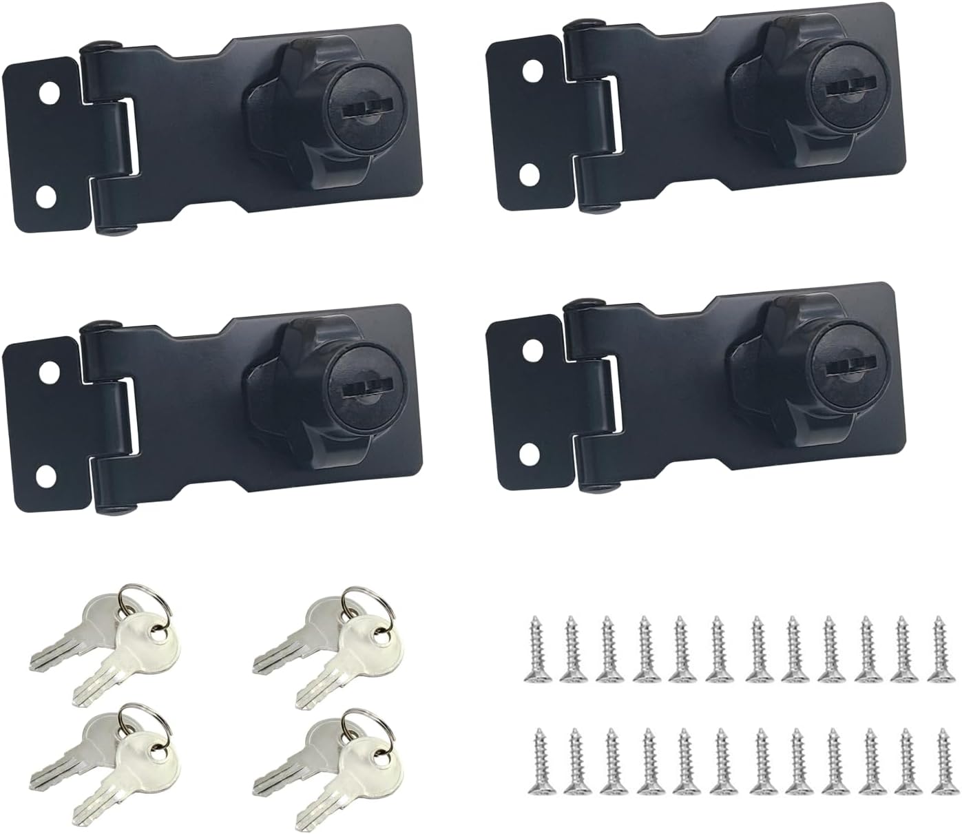 Keyed Hasp Cabinet Door Latch Lock - 4 Pack 2.5 Inch Twist Knob Key Locking Hasp, ADWUALI Metal Closet Door Locks with Keys and Screws, Black Desk Locks for Drawers
