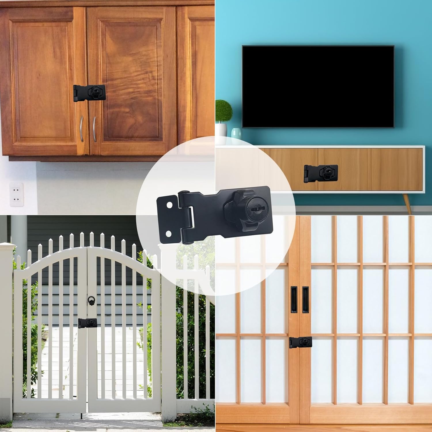 Keyed Hasp Cabinet Door Latch Lock - 4 Pack 2.5 Inch Twist Knob Key Locking Hasp, ADWUALI Metal Closet Door Locks with Keys and Screws, Black Desk Locks for Drawers