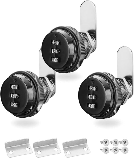 Keyless 3-Digit Combination Cam Lock Set for Cabinets and Mailboxes - 3 Pack, Black, Fits 0.3-0.9 Inch Cylinder