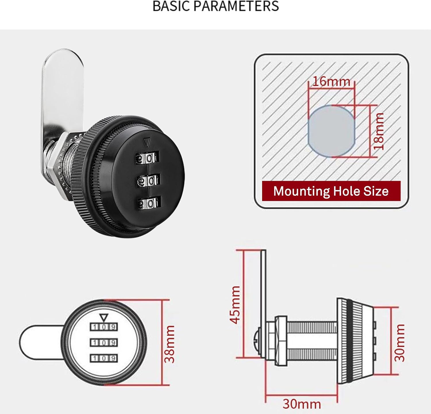 Keyless 3-Digit Combination Cam Lock Set for Cabinets and Mailboxes - 3 Pack, Black, Fits 0.3-0.9 Inch Cylinder