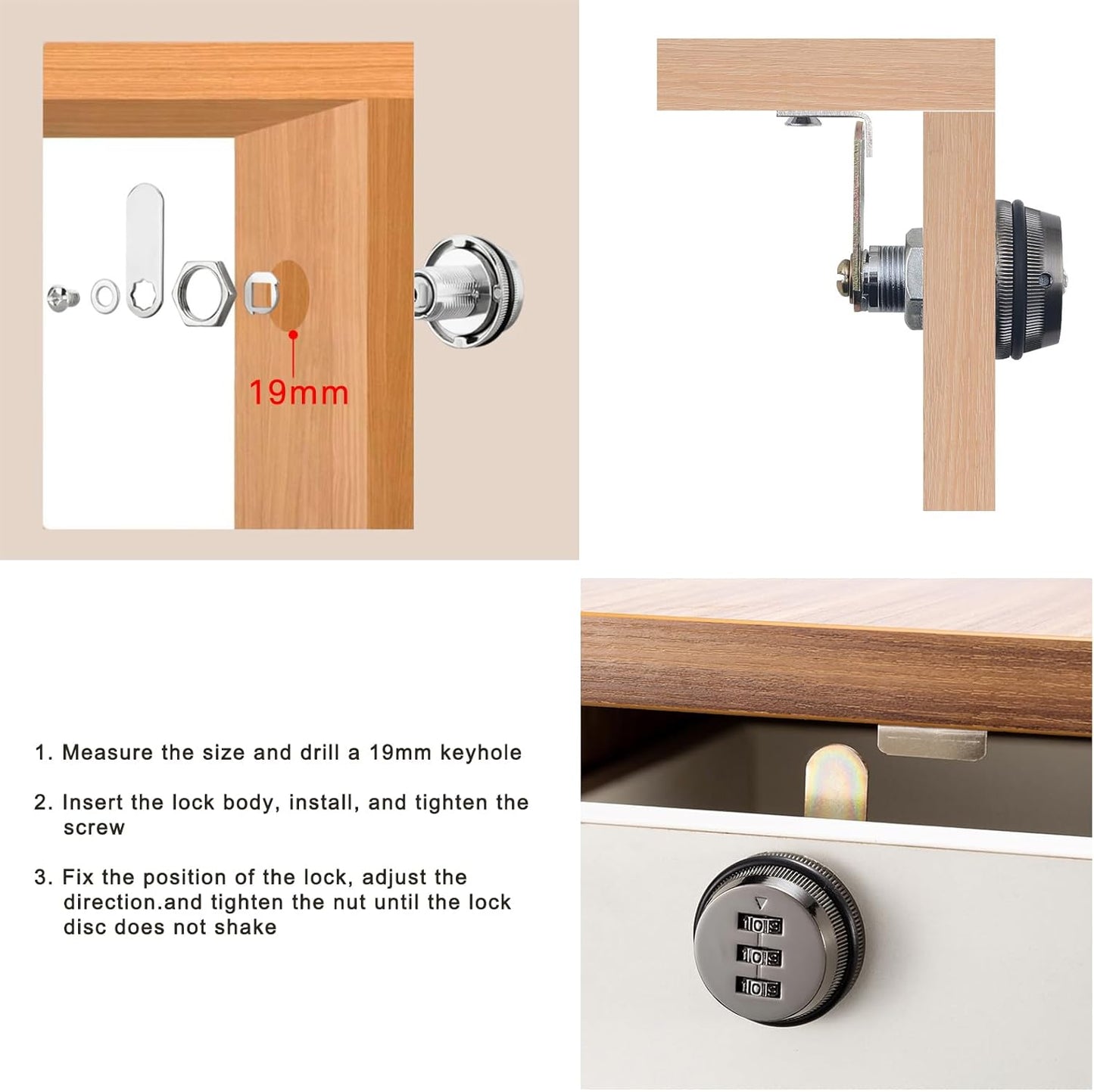 Keyless 3-Digit Combination Cam Lock Set for Cabinets and Mailboxes - 3 Pack, Black, Fits 0.3-0.9 Inch Cylinder