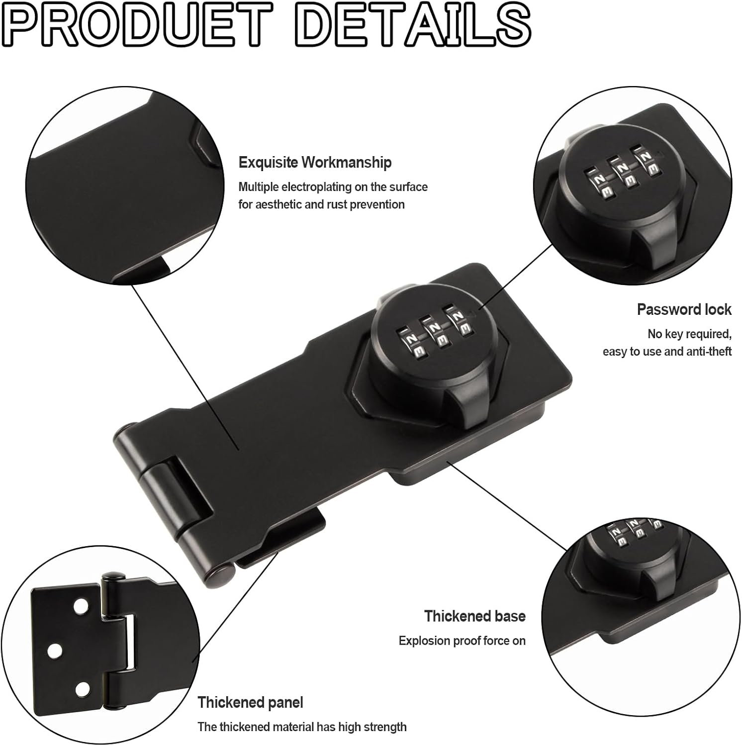 Keyless Combination Cabinet Lock for Household Doors - 90/180 Degrees Latches, Password Lock for Cabinets, Sliding Barn Doors, Pet Doors - 4.5inch Black Lock