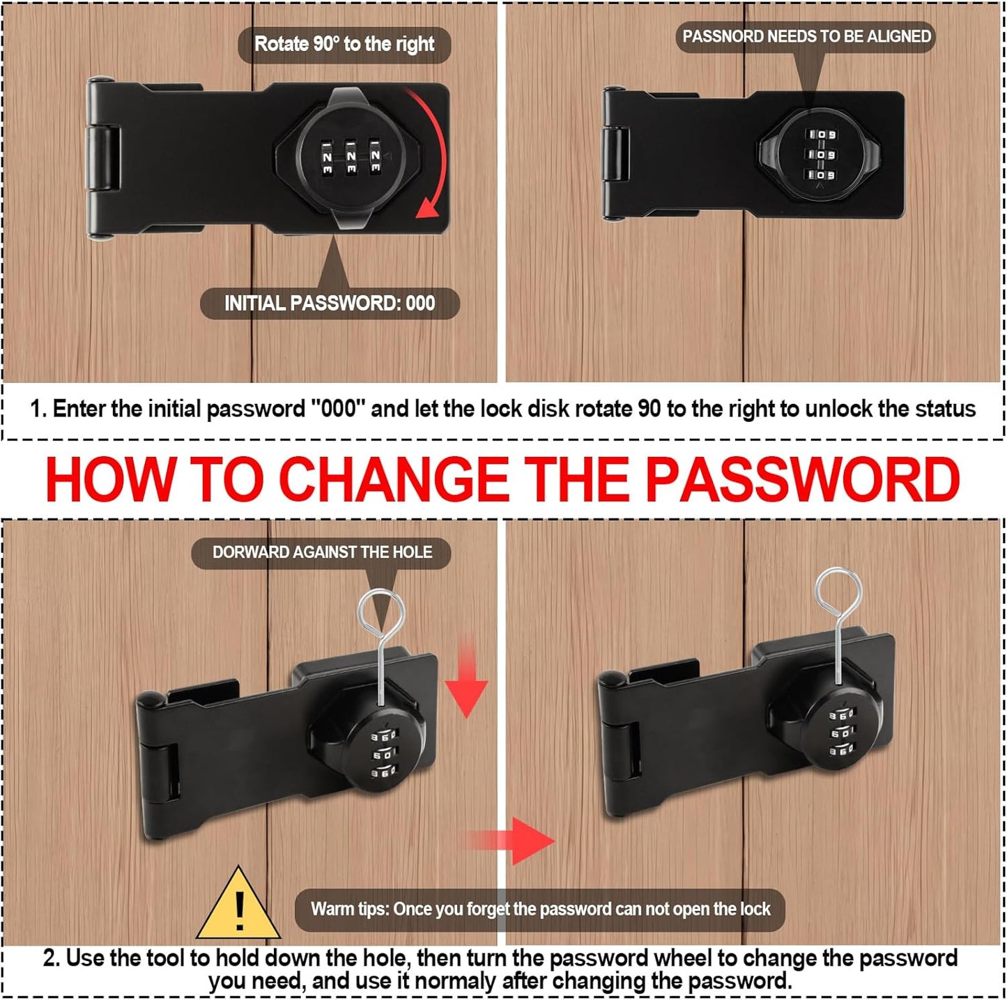 Keyless Combination Cabinet Lock for Household Doors - 90/180 Degrees Latches, Password Lock for Cabinets, Sliding Barn Doors, Pet Doors - 4.5inch Black Lock