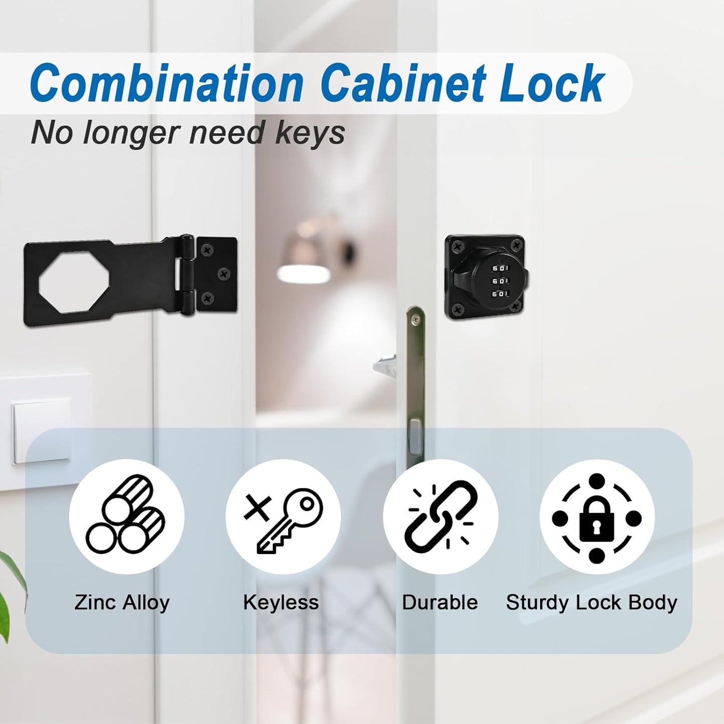 Keyless Combination Cabinet Locks Baby Proofing Set - 3-Digit Password Code Door Latches for Cabinet, Barn Door, Bathroom - Includes Screws