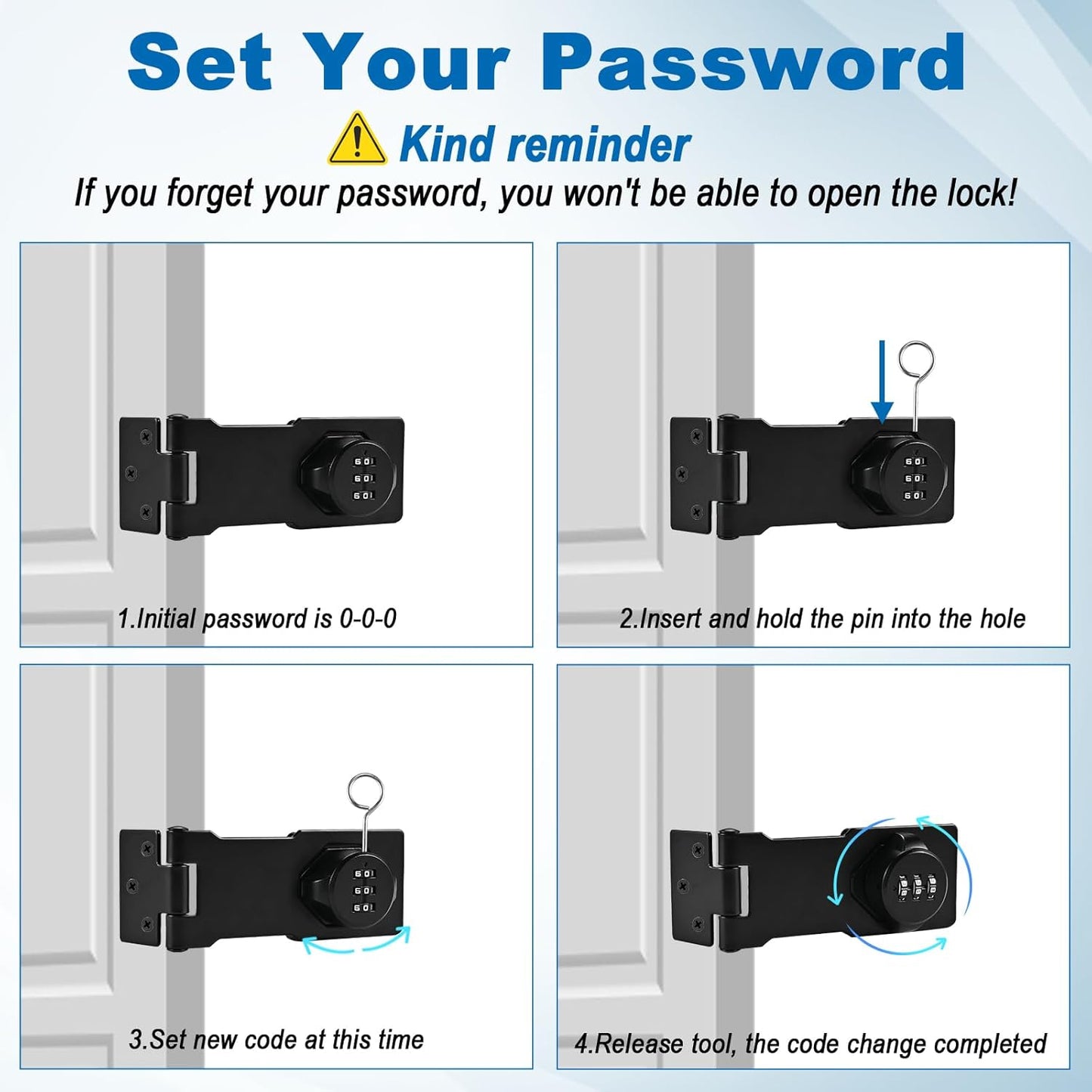 Keyless Combination Cabinet Locks Baby Proofing Set - 3-Digit Password Code Door Latches for Cabinet, Barn Door, Bathroom - Includes Screws