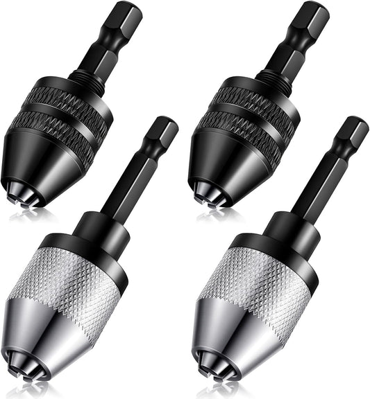Keyless Drill Chuck Bit Set with Hex Shank Adapter for Fast Change - 0.3-6.5mm & 0.3-3.6mm Sizes - Tool Attachment (4 Pieces)