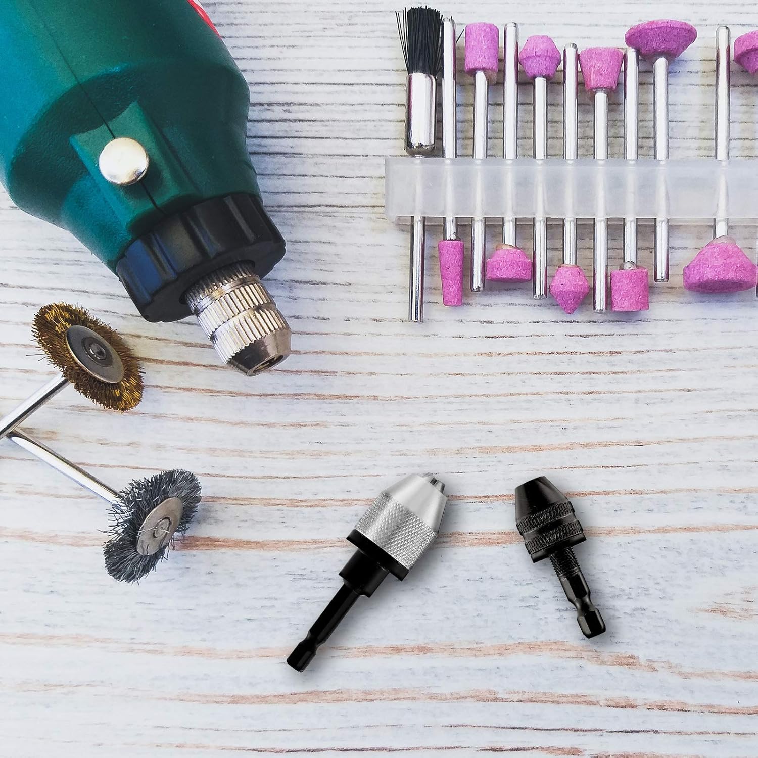 Keyless Drill Chuck Bit Set with Hex Shank Adapter for Fast Change - 0.3-6.5mm & 0.3-3.6mm Sizes - Tool Attachment (4 Pieces)