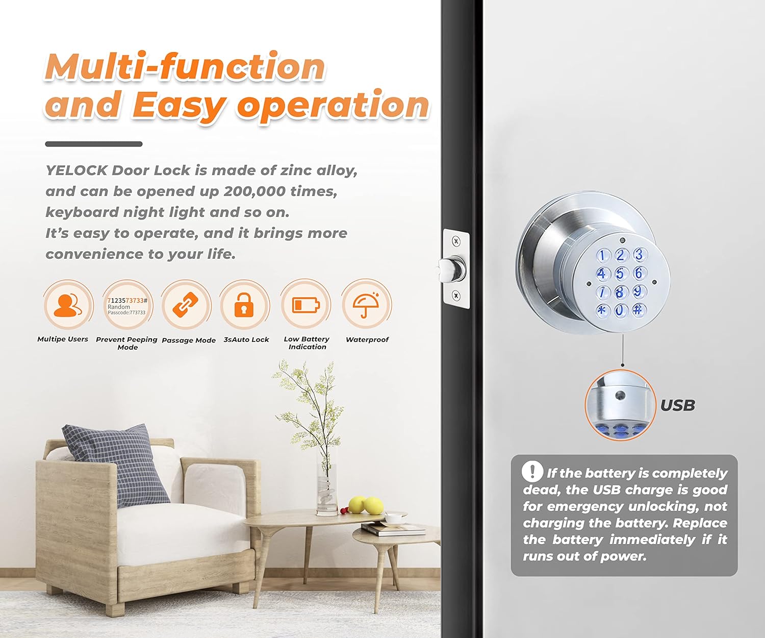 Keyless Electronic Entry Door Knob with Keypad - Smart Interior Handle Lock for Home, Hotel, and Office - Automatic Locking, Battery Backup, Backlight - Easy Installation