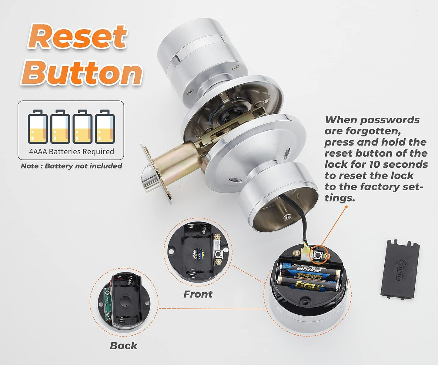 Keyless Electronic Entry Door Knob with Keypad - Smart Interior Handle Lock for Home, Hotel, and Office - Automatic Locking, Battery Backup, Backlight - Easy Installation