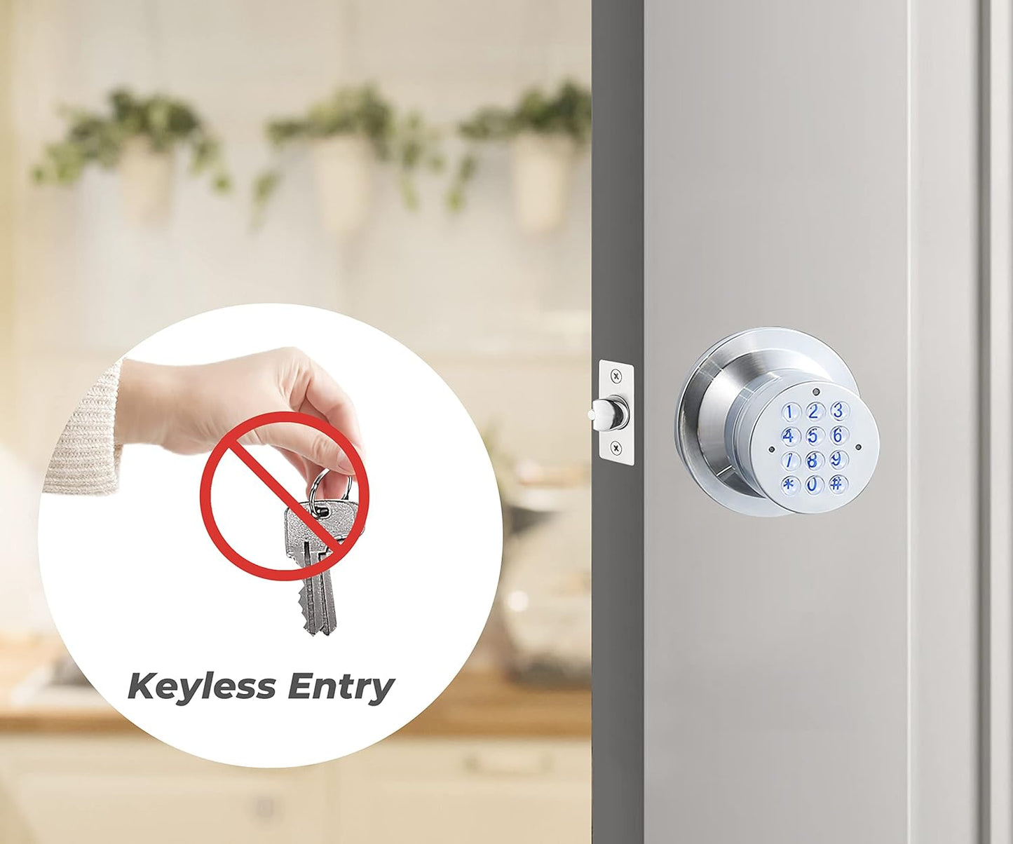 Keyless Electronic Entry Door Knob with Keypad - Smart Interior Handle Lock for Home, Hotel, and Office - Automatic Locking, Battery Backup, Backlight - Easy Installation