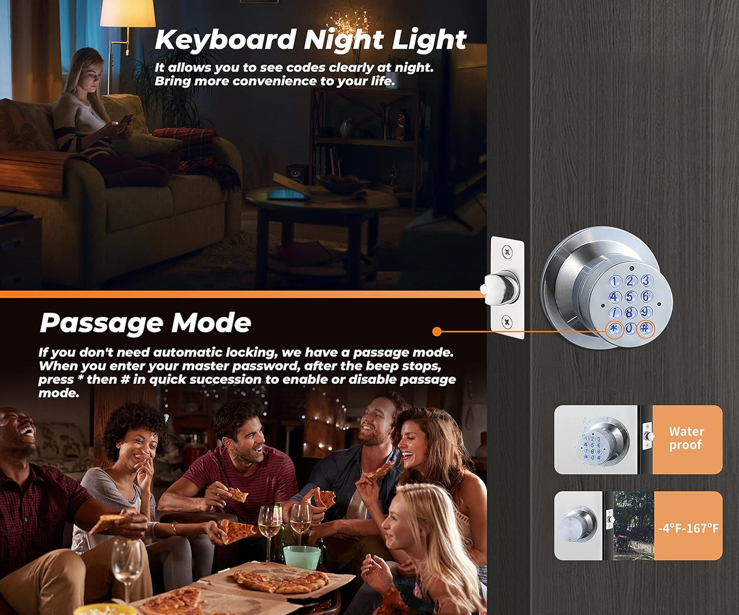 Keyless Electronic Entry Door Knob with Keypad - Smart Interior Handle Lock for Home, Hotel, and Office - Automatic Locking, Battery Backup, Backlight - Easy Installation