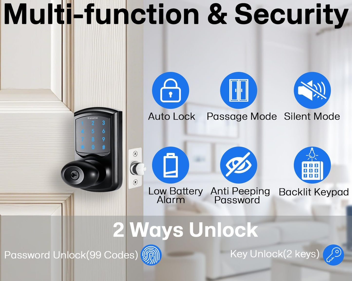 Keyless Entry Black Touch Pad Door Lock with Handle for Exterior Doors- Bedroom, Hotel, Closet, Home, House- Touchscreen Keypad- Easy Installation