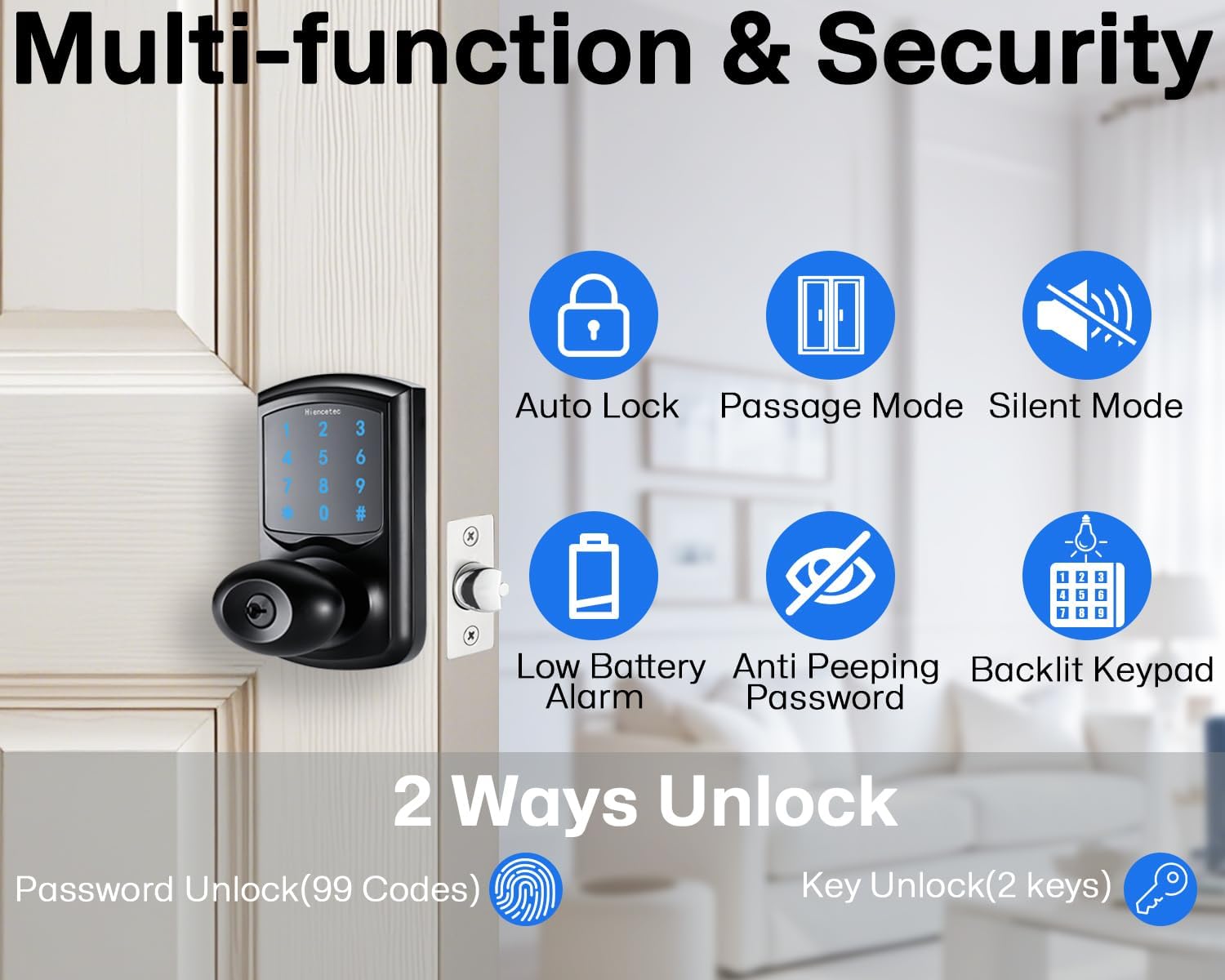 Keyless Entry Black Touch Pad Door Lock with Handle for Exterior Doors- Bedroom, Hotel, Closet, Home, House- Touchscreen Keypad- Easy Installation
