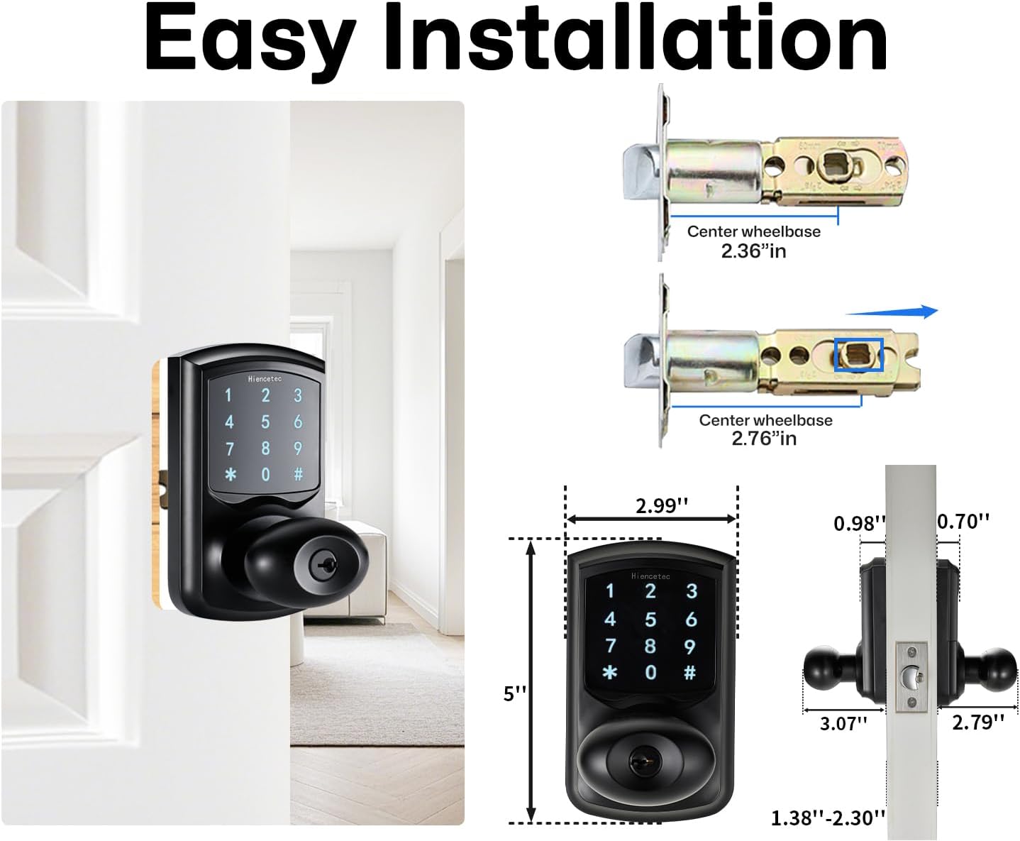 Keyless Entry Black Touch Pad Door Lock with Handle for Exterior Doors- Bedroom, Hotel, Closet, Home, House- Touchscreen Keypad- Easy Installation