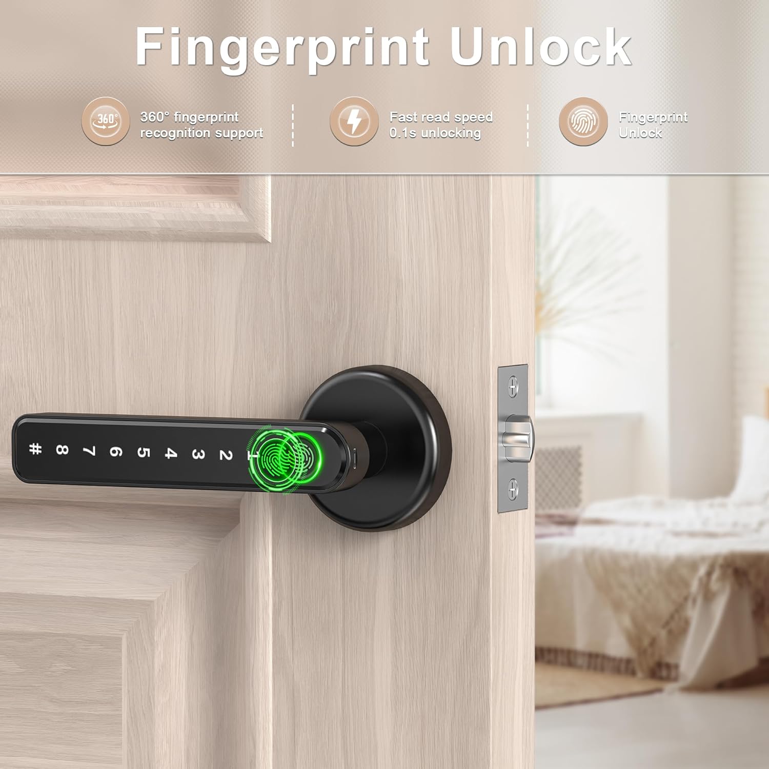 Keyless Entry Fingerprint Door Lock with Keypad and Handle for Home, Hotel, Office - Black