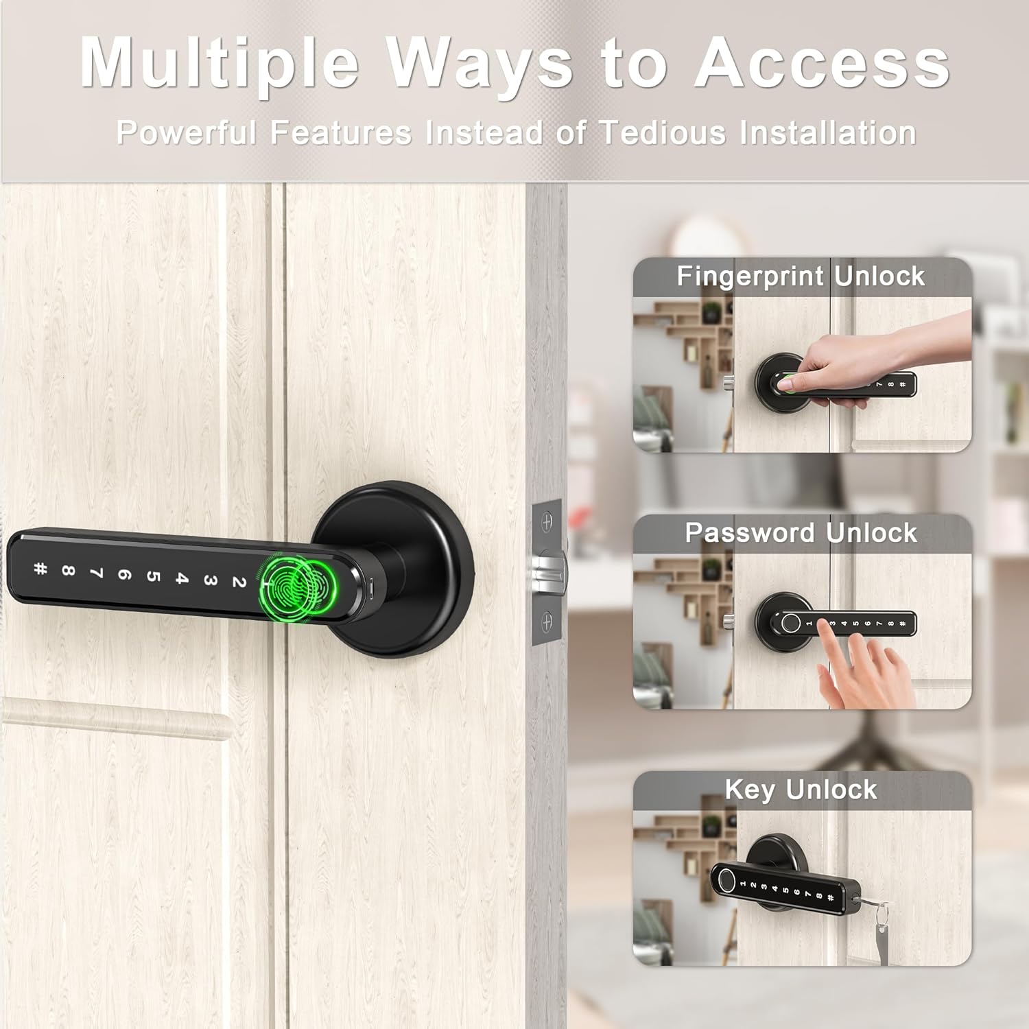 Keyless Entry Fingerprint Door Lock with Keypad and Handle for Home, Hotel, Office - Black