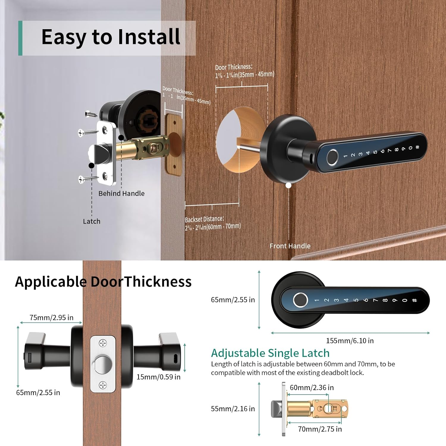 Keyless Entry Fingerprint Door Lock with Keypad and Handle for Home, Hotel, Office - IRONZON Smart Lock