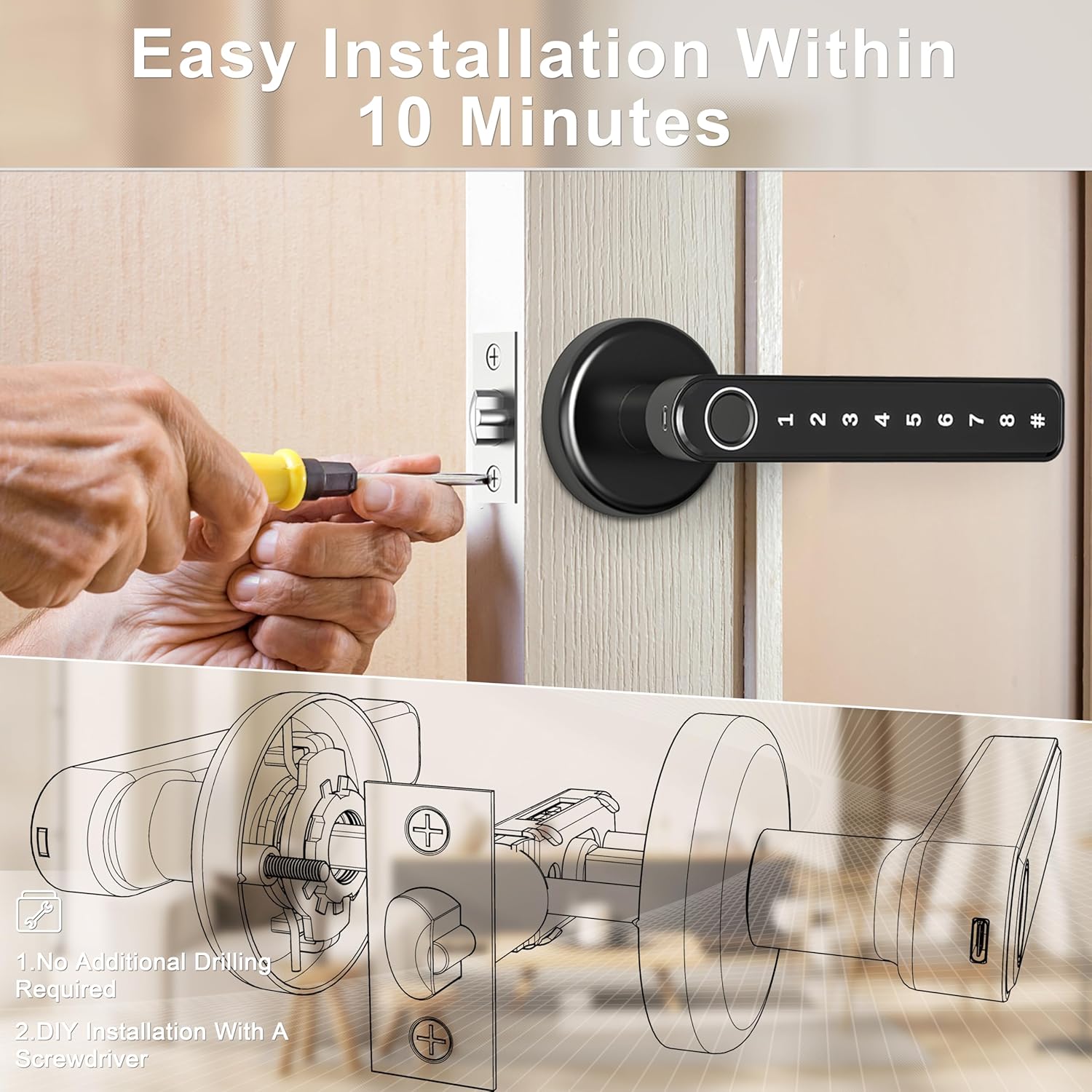 Keyless Entry Fingerprint Door Lock with Keypad and Handle for Home, Hotel, Office - Black