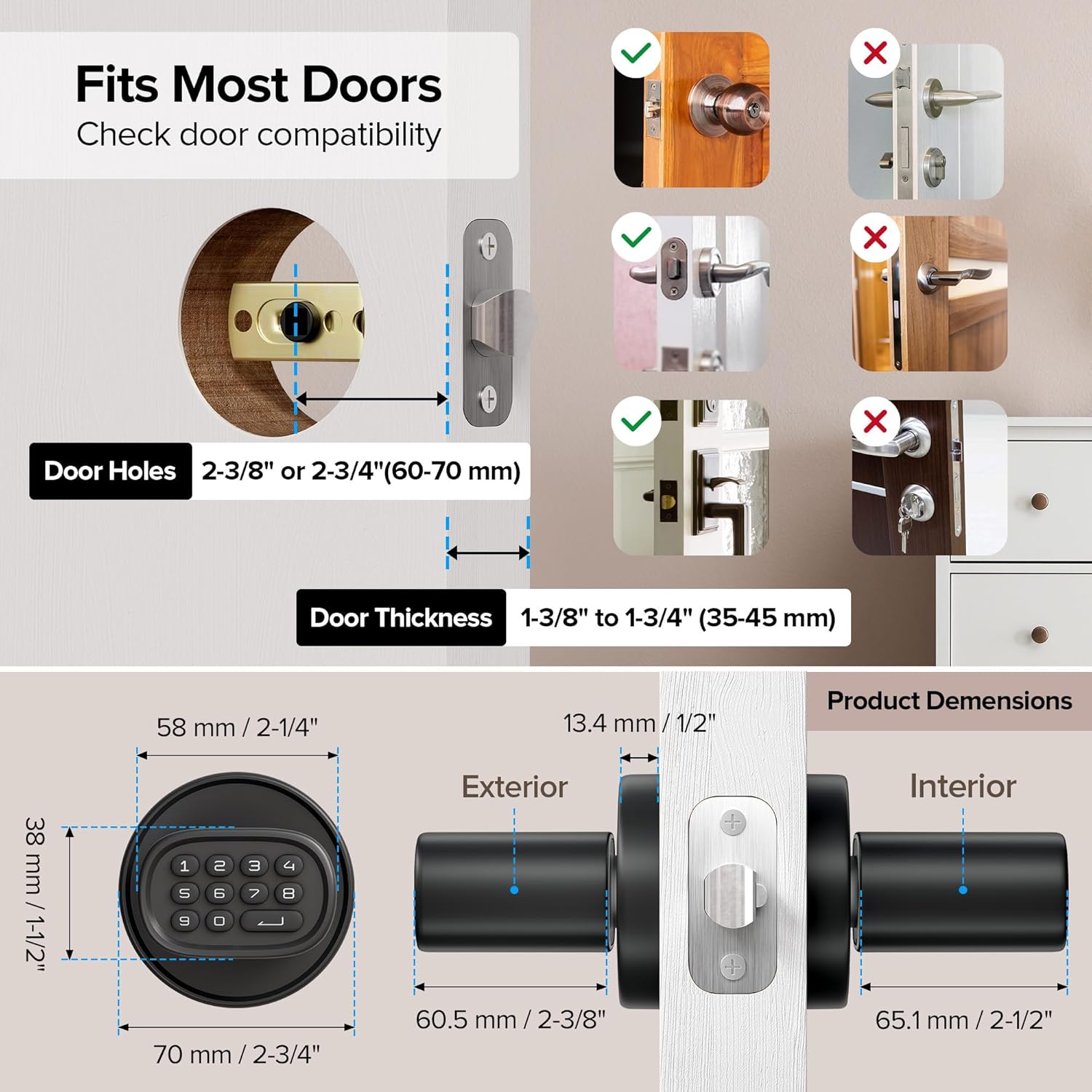 Keyless Entry Fingerprint Door Lock with Keypad Biometric Knob - Auto-Lock for Interior Doors - Bedroom, Home Office, Garage - Black