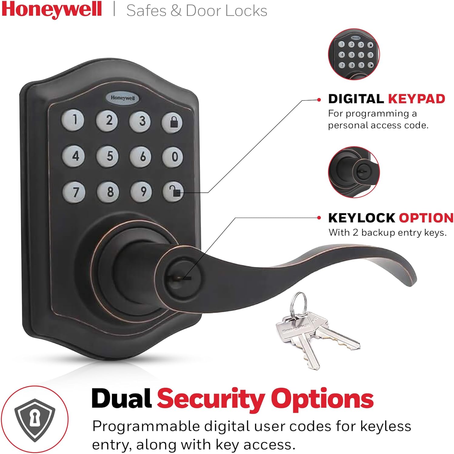 Keyless Entry Lever Door Lock Handle with Electronic Keypad by Honeywell - Oil Rubbed Bronze - Easy Installation - 50 User Pin Codes - 6.5 x 8.8 x 9 in